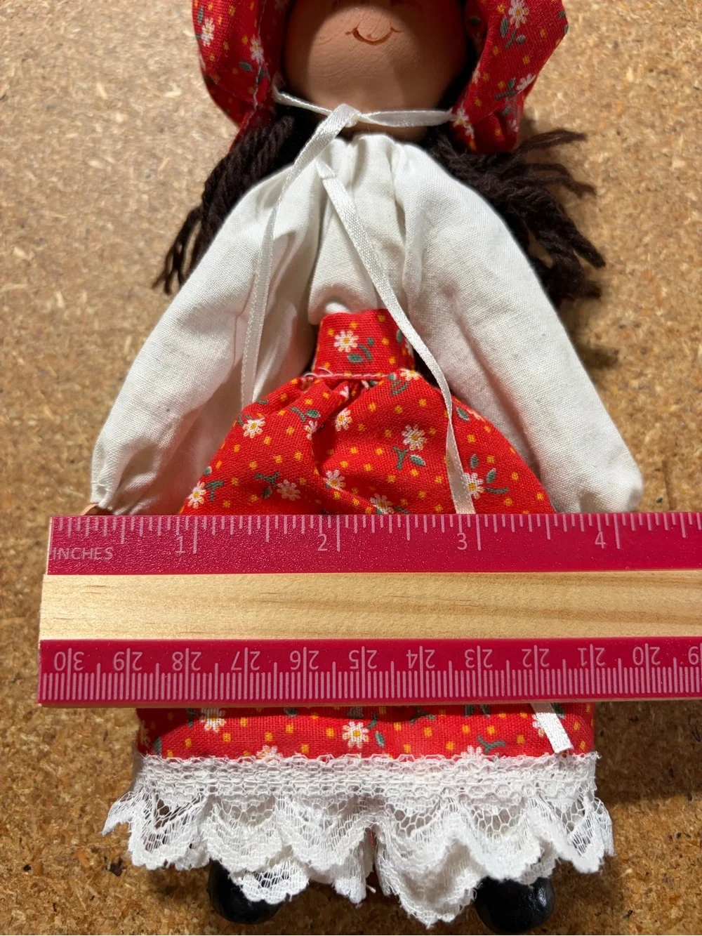 Vintage Polish Wooden Peg Doll Girl Floral Dress Folk Art